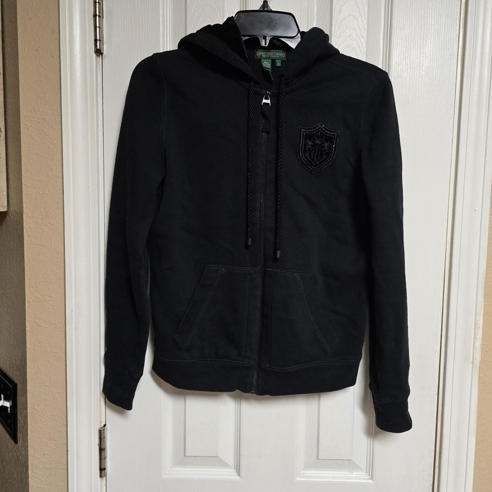 LRL RALPH LAUREN JEANS CO Zip Black Sweatshirt Hoodie Crest Patch Women XS
